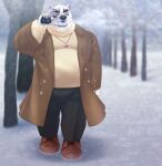  2022 absurd_res anthro black_nose borealis_(live-a-hero) bottomwear clothing detailed_background hi_res humanoid_hands k_gutless kemono lifewonders live-a-hero male mammal outside overweight overweight_male pants plant polar_bear snow solo sweater topwear tree ursid ursine video_games white_body winter 