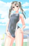  1girl absurdres arena_(company) blue_sky breasts brown_eyes cameltoe cloud collarbone competition_swimsuit covered_navel cowboy_shot grey_hair grey_swimsuit hair_ribbon highres kantai_collection logo long_hair looking_at_viewer one-piece_swimsuit ribbon sky small_breasts smile solo swimsuit takafumi twintails white_ribbon zuikaku_(kancolle) 