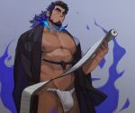  1boy bara beard black_hair blue_fire commentary_request dark-skinned_male dark_skin facial_hair fire forked_eyebrows highres large_pectorals looking_at_viewer male_focus mature_male muscular muscular_male pectorals sandayu_(housamo) scar scar_on_cheek scar_on_face short_hair smile solo tarutoru tied_hair tokyo_afterschool_summoners 