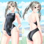  1girl absurdres arena_(company) ass black_swimsuit blue_sky breasts brown_eyes cameltoe cloud collarbone competition_swimsuit covered_navel cowboy_shot from_behind grey_hair grin hair_ribbon highres kantai_collection logo long_hair looking_at_viewer looking_back multiple_views one-piece_swimsuit ribbon sky small_breasts smile split_theme swimsuit takafumi twintails white_ribbon zuikaku_(kancolle) 