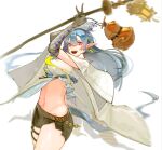  1girl :d arknights arms_up bangs black_shorts blue_hair breasts commentary cowboy_shot crop_top elbow_gloves gloves gourd grey_gloves hair_between_eyes highres holding horns lantern large_breasts ling_(arknights) long_hair looking_at_viewer midriff navel pointy_ears purple_eyes shirt short_shorts shorts shuishitidu simple_background smile solo standing stomach thighs white_background white_shirt 