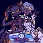  2girls apex_legends black_background black_hair colored_sclera d.o.c._health_drone dark-skinned_female dark_skin demon_girl demon_horns dual_persona eyeshadow fingerless_gloves from_the_ashes_lifeline gloves gold_headband grey_hair guardian_angel_lifeline head_tilt highres horns leaning_back lifeline_(apex_legends) makeup multiple_girls orange_eyes pants pm11:19 red_sclera robot short_hair thumbs_down v very_dark_skin white_gloves white_pants yellow_eyeshadow 