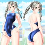  1girl absurdres arena_(company) ass blue_sky blue_swimsuit breasts brown_eyes cameltoe cloud collarbone commentary_request competition_swimsuit covered_navel cowboy_shot from_behind grey_hair grin hair_ribbon highres kantai_collection logo long_hair looking_at_viewer looking_back multiple_views one-piece_swimsuit ribbon sky small_breasts smile split_theme swimsuit takafumi twintails white_ribbon zuikaku_(kancolle) 