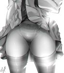  1girl ass_visible_through_thighs bow bow_panties clothes_lift greyscale highres lifted_by_self lower_body miniskirt monochrome noto_kurumi original panties signature simple_background skirt skirt_lift solo striped striped_legwear striped_panties thighhighs underwear white_background 
