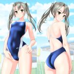  1girl absurdres arena_(company) ass blue_sky blue_swimsuit breasts brown_eyes cameltoe cloud collarbone competition_swimsuit covered_navel cowboy_shot from_behind grey_hair grin hair_ribbon highres kantai_collection logo long_hair looking_at_viewer looking_back multiple_views one-piece_swimsuit ribbon sky small_breasts smile split_theme swimsuit takafumi twintails white_ribbon zuikaku_(kancolle) 