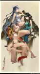  3girls :d ;) alternate_hairstyle arknights artist_name bare_legs bare_shoulders black_footwear black_gloves black_hair blue_hair blue_skin border braid breasts brown_background chinese_commentary closed_mouth colored_skin commentary_request covered_navel crossed_legs cup dragon_girl dragon_horns dragon_tail dress dusk_(arknights) dusk_(everything_is_a_miracle)_(arknights) earrings folding_fan full_body gloves gradient_skin green_dress green_hair hair_bun hand_fan high_heels highres holding holding_cup holding_fan horns jewelry knee_up large_breasts leg_tattoo ling_(arknights) long_hair looking_at_viewer medium_breasts multicolored_hair multiple_girls nian_(arknights) nian_(unfettered_freedom)_(arknights) official_alternate_costume one_eye_closed open_mouth pelvic_curtain pointy_ears purple_eyes red_eyes red_hair red_skin shoe_dangle short_hair siblings silver_hair single_glove sisters sitting sleeveless sleeveless_dress smile streaked_hair tail tattoo two-tone_hair very_long_hair weibo_username white_border white_dress white_footwear white_hair yanyebuhuihuahua 