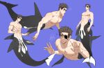  4boys abs anderain bara commentary_request eyepatch large_pectorals male_focus mermaid monster_girl multiple_boys multiple_persona muscular muscular_male navel nipples one_eye_covered original pectorals short_hair stomach tail 