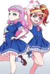  2girls :d animal_on_head bare_legs blue_dress blue_eyes blue_hairband bow brown_hair closed_mouth dress earrings gradient gradient_background green_eyes grey_background hair_bow hairband jewelry kururun_(precure) laura_la_mer layered_dress long_hair looking_at_viewer multiple_girls natsuumi_manatsu on_head pink_hair precure ring sailor_collar sailor_dress shell shell_earrings shiny shiny_hair short_dress short_sleeves side_ponytail skirt_hold sleeveless sleeveless_dress smile socks standing standing_on_one_leg tropical-rouge!_precure uganda_(ugandam_00) visor_cap white_background white_legwear white_sailor_collar yellow_bow 