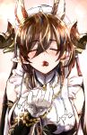  animal_ears bangs beckoning blush breasts brown_hair candy chocolate closed_eyes detached_sleeves extra_ears food frilled_sleeves frills galleon_(granblue_fantasy) gloves granblue_fantasy heart heart-shaped_chocolate highres horns incoming_food incoming_kiss large_breasts long_hair multicolored_hair pointy_ears sideboob streaked_hair user_vwrk4882 very_long_hair white_gloves 