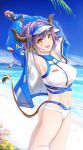 1girl :d animal_ears arknights armpits arms_up artist_name bangs bare_shoulders beach bikini black_gloves blue_jacket blue_sky breasts cloud commentary_request cowboy_shot day eyebrows_visible_through_hair fingerless_gloves gloves highres horns jacket large_breasts long_sleeves looking_at_viewer navel ocean off_shoulder outdoors partial_commentary purple_hair revision short_hair sideroca_(arknights) sideroca_(light_breeze)_(arknights) sky smile solo standing stomach swimsuit tail thighs twitter_username visor_cap water white_bikini yellow_eyes yokaze_(yokajie) 