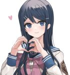  1girl bangs blue_eyes blue_hair blue_sailor_collar blush bow bowtie danganronpa:_trigger_happy_havoc danganronpa_(series) etoria eyebrows_visible_through_hair hair_ornament hairclip hands_up heart heart_hands highres long_hair long_sleeves maizono_sayaka pink_bow pink_bowtie sailor_collar school_uniform shirt simple_background smile solo white_background white_shirt 