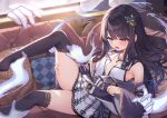  1girl bangs bare_shoulders black_hair black_legwear blush commentary_request copyright_request couch detached_sleeves hair_ornament hand_on_thigh highres indoors jewelry long_hair looking_away mizuiro_raika necklace open_mouth over-kneehighs pink_eyes sitting solo thighhighs thighs 