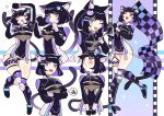  1girl animal_ear_fluff animal_ears annoyed ass_visible_through_thighs black_dress black_gloves blush breasts cat_ears cat_girl cat_hair_ornament crossed_arms da3iann dress english_commentary fang fangs flag gloves hair_ornament highres holding holding_flag indie_virtual_youtuber knee_pads looking_up multiple_views neko_meiko one_eye_closed open_mouth purple_eyes race_queen second-party_source short_hair small_breasts smile v-shaped_eyebrows virtual_youtuber 