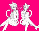  2girls alternate_costume animal_ears cat_ears cat_tail crossed_legs diamond_wa_kudakenai diavolo eyelashes eyeliner formal genderswap genderswap_(mtf) high_heels jojo_no_kimyou_na_bouken kemonomimi_mode kira_yoshikage lineart lipstick long_hair makeup monochrome multiple_girls necktie pant_suit ponytail sempon_(doppio_note) sidelocks skirt suit tail vento_aureo wavy_hair 