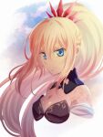  1girl bangs blonde_hair blue_eyes braid breasts cleavage closed_mouth cropped_torso floating_hair hair_between_eyes hair_ornament high_ponytail highres long_hair medium_breasts pochi-a shionne_(tales) solo tales_of_(series) tales_of_arise very_long_hair 