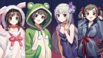 4girls animal_costume animal_ears animal_hood bare_arms bare_shoulders blue_eyes braid breasts brown_eyes brown_hair buming bunny_costume bunny_hood choker cleavage collarbone commentary_request copyright_request dress fake_animal_ears frog_costume frog_hood fur-trimmed_hood fur_trim grey_hair grey_kimono hair_bun hands_in_pockets hands_up highres hood hood_up japanese_clothes kimono kizuna_ai_(chinese) kizuna_ai_inc. long_sleeves multicolored_hair multiple_girls pinching_sleeves pink_choker pink_hair puffy_long_sleeves puffy_sleeves purple_dress rabbit_ears short_hair side_bun single_braid small_breasts strap_slip streaked_hair twin_braids twintails virtual_youtuber 