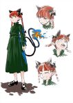  1girl :3 animal_ears black_bow black_footwear bow braid cat_ears cat_tail closed_eyes dress expressionless extra_ears facial_mark fangs fangs_out fiery_hair fire flat_chest green_dress highres iroiro_yaru_hito juliet_sleeves kaenbyou_rin long_sleeves looking_up mary_janes multiple_tails pointy_ears puffy_sleeves red_eyes red_hair shadow shoes simple_background sketch slit_pupils smile solo surprised sweat sweatdrop tail touhou twin_braids two_tails whisker_markings whiskers white_background 