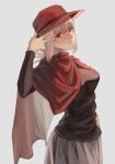  1girl bangs black_shirt breasts casual eyebrows_visible_through_hair fate/grand_order fate_(series) florence_nightingale_(fate) from_side long_hair looking_at_viewer makitoshi0316 official_alternate_costume pink_hair red_eyes red_headwear shirt skirt solo v 