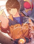  1010_mumumu 2boys blue_shirt brown_eyes brown_hair driver dual_persona eyebrows henshin henshin_pose highres jacket kamen_rider kamen_rider_agito kamen_rider_agito_(series) male_focus multiple_boys orange_jacket pose rain red_eyes rider_belt shirt transformation tsugami_shouichi upper_body 