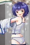  :d ass azumaya_(miyui001) babydoll blue_hair blush butt_crack changing_clothes changing_room commentary fang from_behind from_side gochuumon_wa_usagi_desu_ka? highres jouga_maya kafuu_chino&#039;s_school_uniform looking_at_viewer open_mouth panties school_uniform see-through short_hair skin_fang smile steaming_body striped striped_panties underwear underwear_only undressing wet wet_clothes white_panties yellow_eyes 