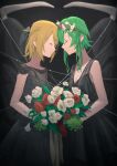  2girls bare_arms bare_shoulders black_background black_dress black_robe blonde_hair bouquet braid commentary cowboy_shot death_(entity) dress flower flower_wreath forehead-to-forehead french_braid green_hair grim_reaper gumi heads_together highres holding holding_bouquet kagamine_rin lace_dress multiple_girls red_flower red_rose rose scythe sidelocks standing vocaloid white_flower white_rose wounds404 wreath yuri 