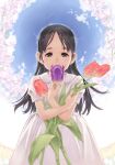  1girl black_eyes black_hair carrying child cowboy_shot dress flower holding holding_flower long_hair looking_at_viewer original photoshop_(medium) short_sleeves smile solo tanaka_kunihiko white_dress 