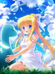  1girl air barefoot bashen_chenyue blonde_hair blue_eyes blue_sky blush breasts cloud dinosaur dress feathers frilled_sleeves frills happy highres kamio_misuzu long_hair open_mouth outdoors ponytail rainbow sitting sky sleeveless sleeveless_dress smile stuffed_dinosaur sundress 