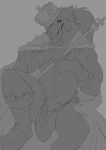 2022 anthro big_bulge biped bulge canid canine cape clothing crown digital_media_(artwork) furdo greyscale grin hair hi_res idrysse3 male mammal monochrome musclegut muscular muscular_anthro muscular_male ponytail pubes scepter smile solo 