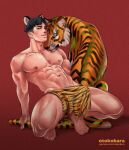  1boy abs animal animal_ears artist_name bara black_hair chinese_zodiac closed_mouth happy_new_year highres large_pectorals loincloth looking_at_viewer male_focus muscular muscular_male navel new_year nipples original otokobara patreon_username pectorals short_hair sideburns smile squatting thick_thighs thighs tiger tiger_boy tiger_ears undercut year_of_the_tiger 