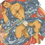  1boy abs bara bare_pectorals blue_kimono blush bulge chest_hair dark-skinned_male dark_skin facial_hair floral_print from_above full_body fundoshi hairy hima_(nichikan) japanese_clothes kimono leg_hair looking_at_viewer lying male_focus male_underwear mature_male muscular muscular_male navel navel_hair nipples on_back open_clothes open_kimono original pectorals print_kimono short_hair solo stomach stubble thick_thighs thighs underwear white_male_underwear 