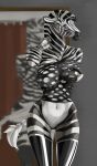  anthro big_breasts breasts clothing equid equine female hi_res iroquois legwear looking_at_viewer mammal nipples pink_eyes simple_background smile solo stockings striped_body stripes zebra zebrov 