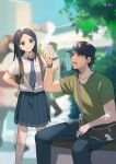  1boy 1girl alternate_costume asirpa bangs baseball_cap black_hair black_headwear blue_eyes blurry blurry_background blush casual collarbone collared_shirt earrings eyelashes golden_kamuy green_shirt grey_necktie grey_pants grey_skirt grin hands_on_hips hat jewelry kneehighs long_hair miniskirt nanase_(nns_6077) necktie older open_mouth pants parted_bangs plaid_necktie pleated_skirt school_uniform shirt short_hair short_sleeves sitting skirt smile standing straight_hair sugimoto_saichi sweatdrop t-shirt watch white_legwear white_shirt wing_collar wristwatch younger 