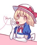  1girl apron back_bow blonde_hair blue_dress bow closed_mouth commentary_request dress elbow_gloves eyebrows_visible_through_hair food frills fruit gloves hat hat_bow heart highres kana_anaberal puffy_short_sleeves puffy_sleeves red_bow short_hair short_sleeves simple_background smile strawberry sun_hat touhou touhou_(pc-98) twitter_username white_apron white_background white_gloves white_headwear yadoyuki yellow_eyes 