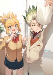  1boy 1girl alternate_costume arm_up bangs black_skirt blonde_hair blurry blurry_background blush bow bowtie cardigan casual collared_shirt cowboy_shot dr._stone embarrassed eyebrows_visible_through_hair gradient_hair green_eyes green_hair hair_between_eyes holding indoors ishigami_senkuu kohaku_(dr._stone) labcoat long_sleeves miniskirt multicolored_hair nanase_(nns_6077) open_mouth orange_sweater pleated_skirt red_bow red_bowtie red_eyes school_uniform shiny shiny_hair shirt silver_hair skirt spiked_hair sweatdrop sweater tied_hair wavy_mouth wing_collar yellow_cardigan 
