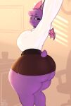  absurd_res big_butt bottomwear breasts butt chiropteran clothed clothing female hair hi_res lacy_(blazethefox) mammal membrane_(anatomy) membranous_wings miniskirt purple_hair shakotanbunny shirt skirt solo thick_thighs topwear wings 