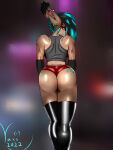  3:4 anthro black_hair blue_highlights bottomwear canid canine clothing ear_piercing female hair hi_res highlights_(coloring) inner_ear_fluff latex latex_legwear latex_stockings looking_at_viewer mammal muscular muscular_female pants piercing prince_vaxis_(artist) red_bottomwear red_clothing red_eyes red_pants solo sports_top thick_ass tuft 