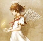  1girl abe_yoshitoshi angel_wings bangs brown_eyes brown_hair cowboy_shot cupping_hands dress expressionless feathered_wings feathers floating_hair from_side glowing haibane_renmei hair_between_eyes halo hands_up light looking_away looking_down neckerchief official_art own_hands_together parted_lips profile rakka_(haibane) red_neckerchief red_sailor_collar sailor_collar sailor_dress sepia sepia_background short_hair short_sleeves solo static_cling white_dress white_wings wings 