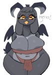  2022 anthro barely_visible_areola biped bovid bra breasts caprine caprine_demon clothing countershade_torso countershading cross-eyed curvy_figure dark_eyelids dark_horn dark_tail dark_wings demon dialogue english_text ester_(fluffqween) female floppy_ears fluffqween front_view fur glistening glistening_breasts goat goat_demon greeting grey_body grey_countershading grey_fur hair hi_res horizontal_pupils horn leaning leaning_forward looking_at_viewer mammal monotone_body monotone_fur open_mouth orange_eyes pentagram portrait pupils red_bra red_clothing red_underwear simple_background solo standing talking_to_viewer text three-quarter_portrait underwear voluptuous white_background yellow_sclera 