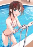  1girl absurdres amami_haruka bikini blurry breasts brown_hair cleavage commission cowboy_shot depth_of_field green_eyes highres idolmaster looking_at_viewer marie_(pixiv31942978) medium_breasts open_mouth plaid plaid_bikini pool pool_ladder short_hair smile solo swimsuit white_bikini 