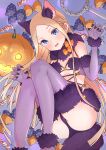  1girl abigail_williams_(fate) absurdres animal_ears ass bangs bare_shoulders blonde_hair blue_eyes blush bow breasts candy claw_pose cosplay elbow_gloves fate/grand_order fate_(series) food forehead fur-trimmed_gloves fur-trimmed_legwear fur_collar fur_trim gloves highres jack-o&#039;-lantern kopaka_(karda_nui) lace-trimmed_legwear lace_trim long_hair looking_at_viewer mash_kyrielight mash_kyrielight_(dangerous_beast) mash_kyrielight_(dangerous_beast)_(cosplay) navel o-ring open_mouth parted_bangs pumpkin purple_gloves purple_legwear revealing_clothes small_breasts smile solo tail wolf_ears wolf_tail 