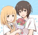  2girls asagao_to_kase-san blonde_hair blush brown_hair couple flower happy kase_tomoka medium_hair multiple_girls open_mouth school_uniform simple_background smile tomboy uniform yakata_mana yamada_yui yellow_eyes yuri 