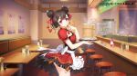  1girl apron brown_hair chair closed_mouth cup date_a_live:_date_a_bullet date_a_live:_spirit_pledge dress drink eyebrows_visible_through_hair finger_to_mouth food highres holding holding_plate indoors looking_at_viewer official_art plate red_dress red_eyes solo table tsuan_(date_a_live) white_apron 