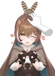  1girl absurdres ahoge bangs belt brown_eyes brown_hair cape capelet cloak corset feathers fingerless_gloves gloves hair_ornament headpat heart hieroglyphics highres hololive hololive_english nanashi_mumei okada one_eye_closed ribbon shirt smile virtual_youtuber white_shirt 