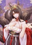  1girl akagi_(azur_lane) akagi_(dawn_phoenix&#039;s_summons)_(azur_lane) animal_ear_fluff azur_lane bare_shoulders black_sash breasts brown_dress brown_hair brown_tail cleavage commentary_request dress eyebrows_visible_through_hair finger_to_mouth hair_ornament highres huge_breasts japanese_clothes kimono kyuubi long_hair momijizuki_luna multiple_tails nail_polish official_alternate_costume one_eye_closed open_clothes open_kimono orange_eyes red_kimono red_nails sash skindentation solo tail tail_ornament wide_sleeves 