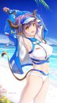  1girl :d animal_ears arknights armpits arms_up artist_name bangs bare_shoulders beach bikini black_gloves blue_jacket blue_sky breasts cloud commentary_request cowboy_shot day eyebrows_visible_through_hair fingerless_gloves gloves highres horns jacket large_breasts long_sleeves looking_at_viewer navel ocean off_shoulder outdoors partial_commentary purple_hair short_hair sideroca_(arknights) sideroca_(light_breeze)_(arknights) sky smile solo standing stomach swimsuit tail thighs twitter_username visor_cap water white_bikini yellow_eyes yokaze_(yokajie) 