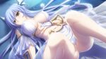  1girl bangs blue_hair breasts bridal_gauntlets censored closed_mouth clothes_lift covered_nipples detached_sleeves eyebrows_visible_through_hair game_cg hair_between_eyes hatozuki_tsumiki ikusa_megami_verita large_breasts long_hair looking_to_the_side lying midriff mosaic_censoring navel on_back pussy short_sleeves skirt skirt_lift solo stomach very_long_hair water_miko_(ikusa_megami_verita) white_skirt white_sleeves yellow_eyes 