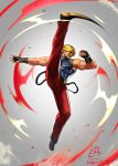 abs biceps black_footwear blonde_hair facial_hair genocide_cutter gloves high_kick highres jintetsu kicking large_pectorals leg_lift leg_up mature_male motion_blur muscular muscular_male mustache pants pectorals red_eyes red_pants rugal_bernstein shiny shiny_clothes skin_tight snk solo_focus split standing standing_on_one_leg standing_split suspenders the_king_of_fighters the_king_of_fighters_&#039;94 toned toned_male 