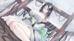  1girl absurdres black_hair breasts cleavage closed_mouth detached_sleeves dress dutch_angle earrings green_eyes hair_between_eyes highres jewelry large_breasts lillly long_hair looking_at_viewer ofuda original rope sitting solo very_long_hair wariza 