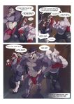  2021 absurd_res anthro clothed clothing comic english_text erection erection_under_clothing group hi_res lycanroc male midnight_lycanroc muscular muscular_anthro muscular_male nintendo obstagoon open_mouyh pok&eacute;mon pok&eacute;mon_(species) pok&eacute;morph pubes speech_bubble text thepurp tongue tongue_out video_games zangoose 