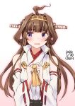  1girl ahoge artist_name brown_hair commentary_request dated detached_sleeves double_bun hairband headgear highres kantai_collection kongou_(kancolle) kongou_kai_ni_(kancolle) long_hair looking_to_the_side one-hour_drawing_challenge owa_(ishtail) popped_collar purple_eyes ribbon-trimmed_sleeves ribbon_trim sideways_glance simple_background solo upper_body white_background 